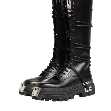 Dolce & Gabbana Black Leather Knee High Combat Boots Shoes