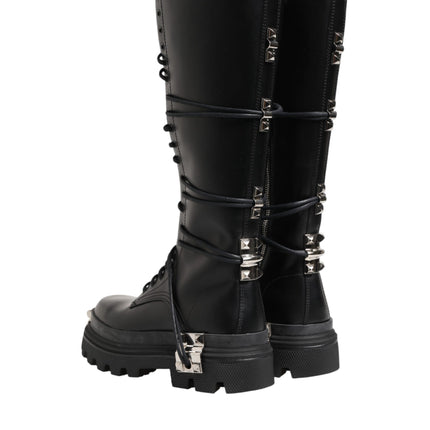 Dolce & Gabbana Black Leather Knee High Combat Boots Shoes