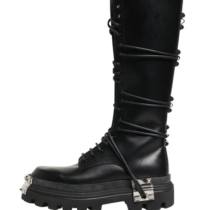 Dolce & Gabbana Black Leather Knee High Combat Boots Shoes
