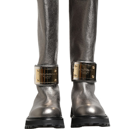 Dolce & Gabbana Metallic Silver Leather Mid Calf Boots Shoes