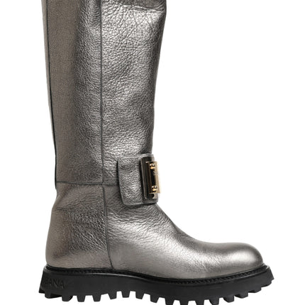 Dolce & Gabbana Metallic Silver Leather Mid Calf Boots Shoes