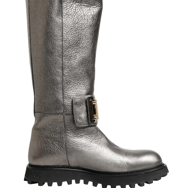 Dolce & Gabbana Metallic Silver Leather Mid Calf Boots Shoes
