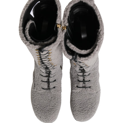 Dolce & Gabbana Gray Shearling Lace Up Knee High Boots Shoes
