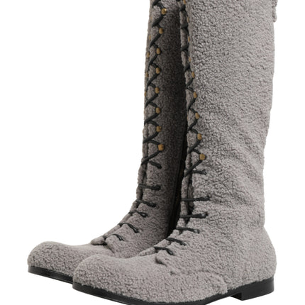 Dolce & Gabbana Gray Shearling Lace Up Knee High Boots Shoes