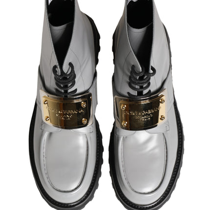 Dolce & Gabbana Gray Leather Logo Plaque Ankle Boots Shoes