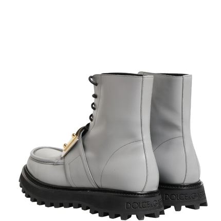 Dolce & Gabbana Gray Leather Logo Plaque Ankle Boots Shoes