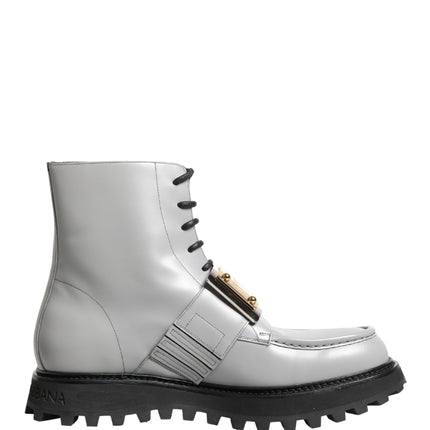 Dolce & Gabbana Gray Leather Logo Plaque Ankle Boots Shoes