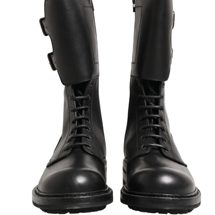 Dolce & Gabbana Black Leather Belted Buckle Combat Boots Shoes
