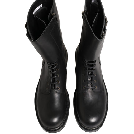 Dolce & Gabbana Black Leather Belted Buckle Combat Boots Shoes