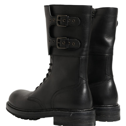 Dolce & Gabbana Black Leather Belted Buckle Combat Boots Shoes