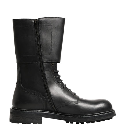 Dolce & Gabbana Black Leather Belted Buckle Combat Boots Shoes