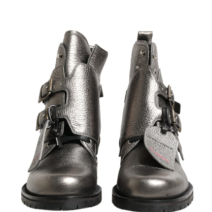 Dolce & Gabbana Metallic Silver Leather Buckle Ankle Boots Shoes