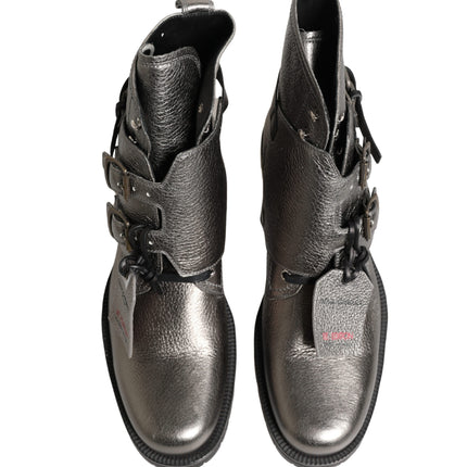 Dolce & Gabbana Metallic Silver Leather Buckle Ankle Boots Shoes