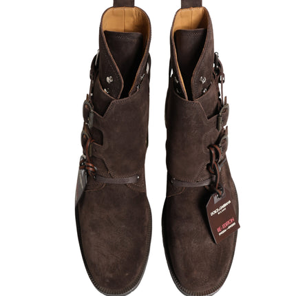 Dolce & Gabbana Brown Suede Leather Buckle Ankle Boots Shoes