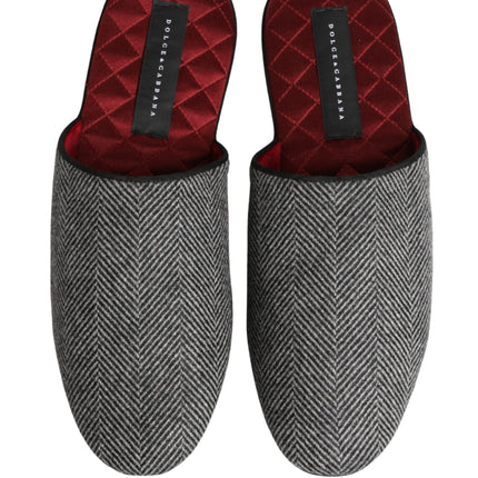 Dolce & Gabbana Grey Herringbone Cashmere Red Slippers Shoes