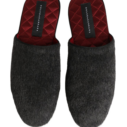Dolce & Gabbana Dark Grey Charcoal Wool Red Slippers Shoes