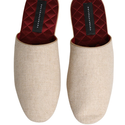 Dolce & Gabbana Beige Shetland Wool Red Quilted Slippers Shoes