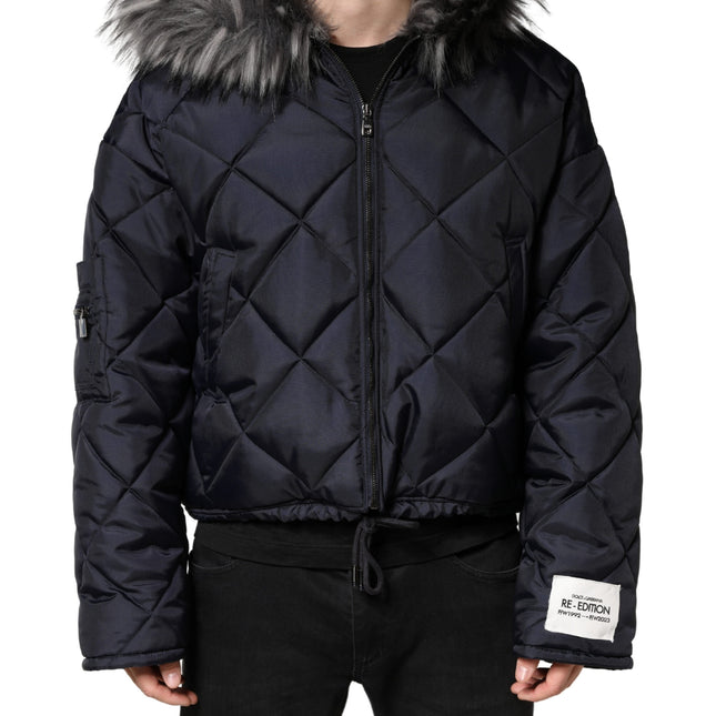 Dolce & Gabbana Black Quilted Fur Shearling Hooded  Jacket
