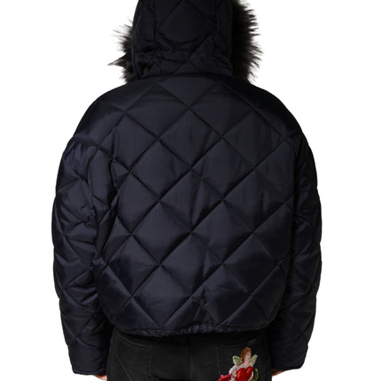 Dolce & Gabbana Black Quilted Fur Shearling Hooded  Jacket