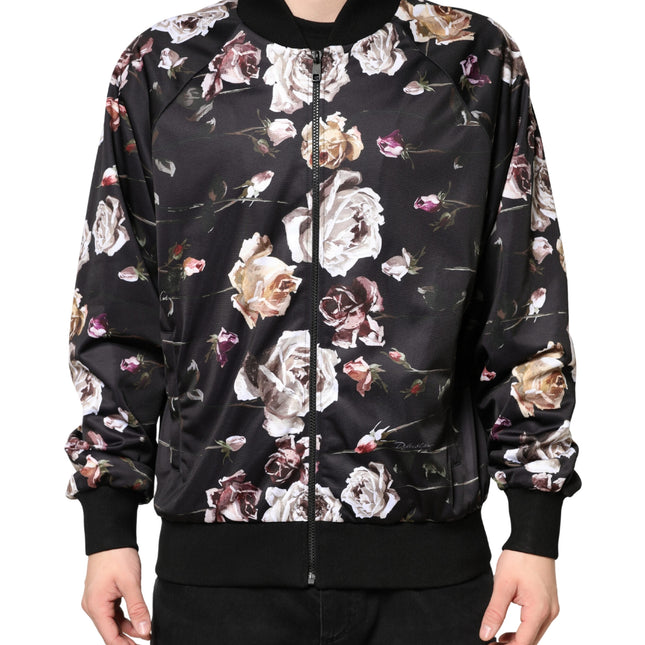 Dolce & Gabbana Black Floral Polyester Full Zip Bomber Jacket
