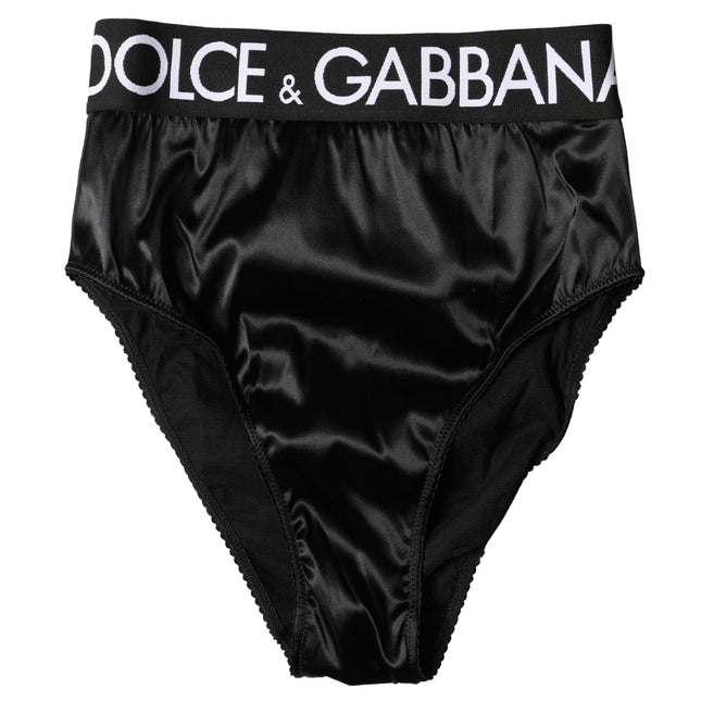 Dolce & Gabbana Black Satin High-Waist Brief Logo Women Underwear