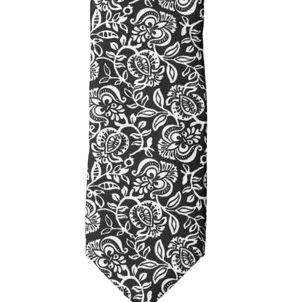 Dolce & Gabbana Black White Floral Fantasy Silk Adjustable Necktie Tie