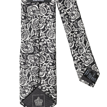 Dolce & Gabbana Black White Floral Fantasy Silk Adjustable Necktie Tie