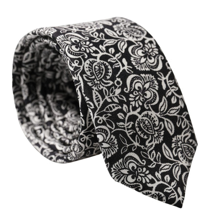 Dolce & Gabbana Black White Floral Fantasy Silk Adjustable Necktie Tie