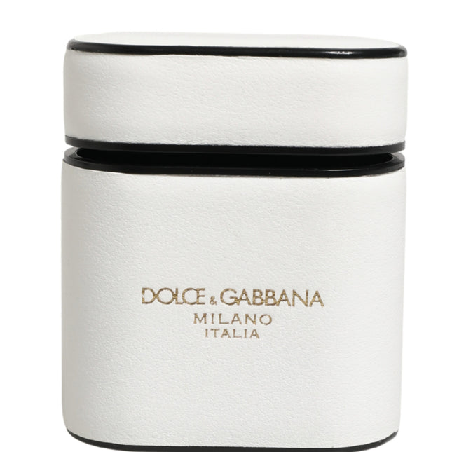 Dolce & Gabbana White Calf Leather Logo Print Flip Holder  Airpods Case