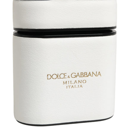 Dolce & Gabbana White Calf Leather Logo Print Flip Holder  Airpods Case