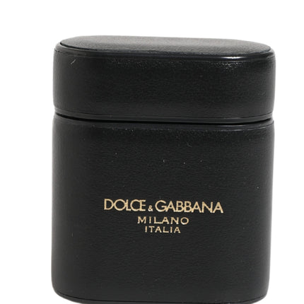 Dolce & Gabbana Black Calf Leather Logo Print Flip Holder Airpods Case