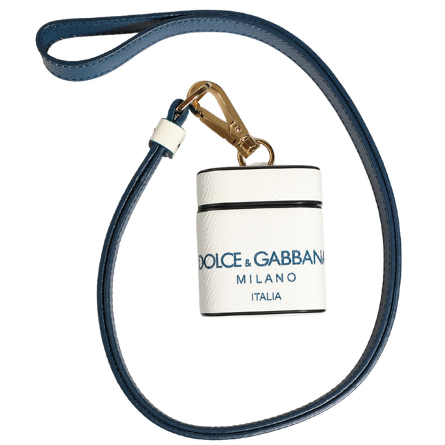 Dolce & Gabbana White Calf Leather Logo Flip Holder Strap Airpods Case