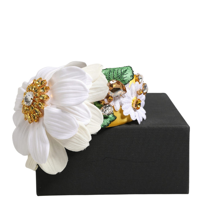 Dolce & Gabbana White Yellow Silk Blend Floral Crystals Diadem Headband