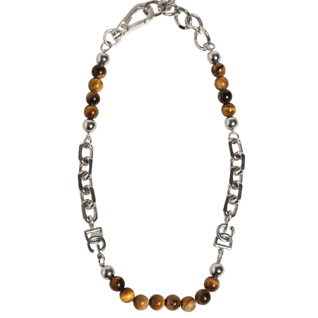 Dolce & Gabbana Silver Tone Brass Chain Beaded Gem DG Logo Bracelet