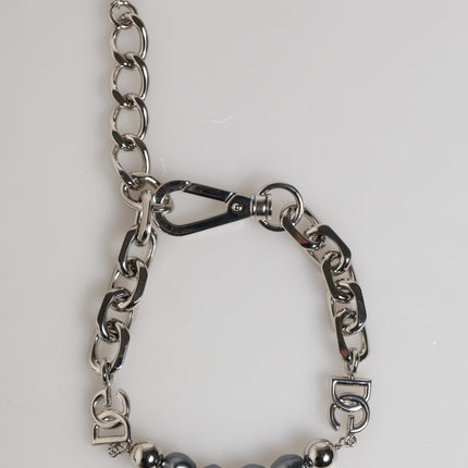 Dolce & Gabbana Silver Tone Chain Lobster Clasp Logo Gray Pearls Bracelet