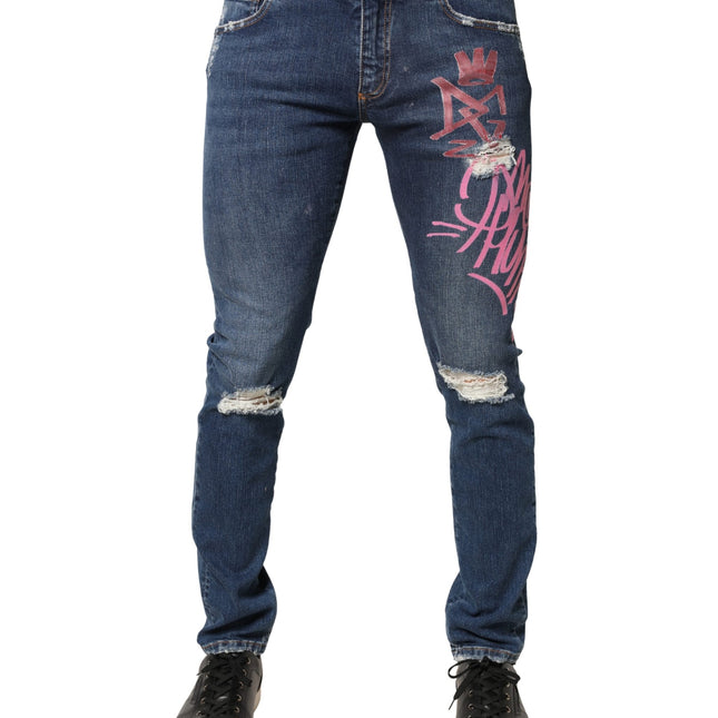 Dolce & Gabbana Blue Distressed Graffiti Print Skinny Jeans