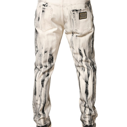 Dolce & Gabbana White Distressed Paint Print LooseDenim Jeans