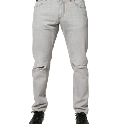 Dolce & Gabbana Light Gray Ripped Cotton Regular Denim Jeans