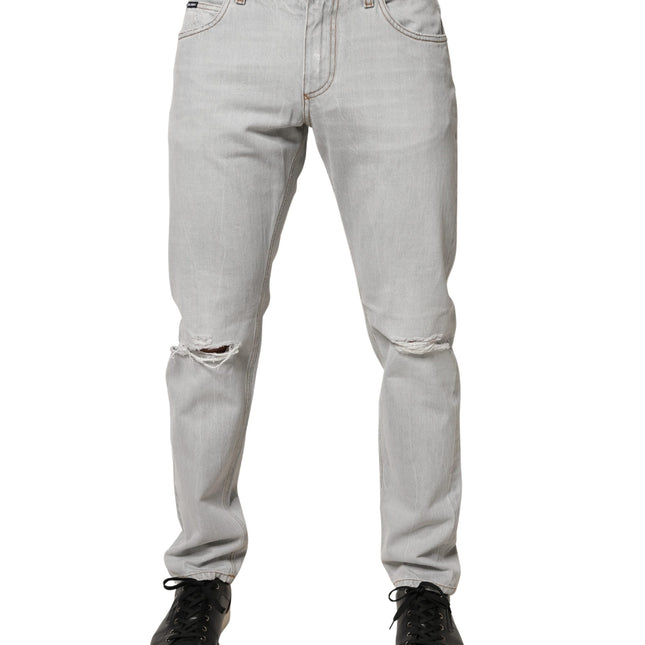 Dolce & Gabbana Light Gray Ripped Cotton Regular Denim Jeans