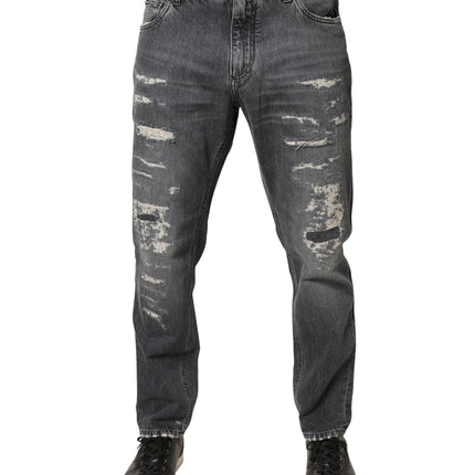 Dolce & Gabbana Dark Gray Tattered Cotton Loose Denim Jeans