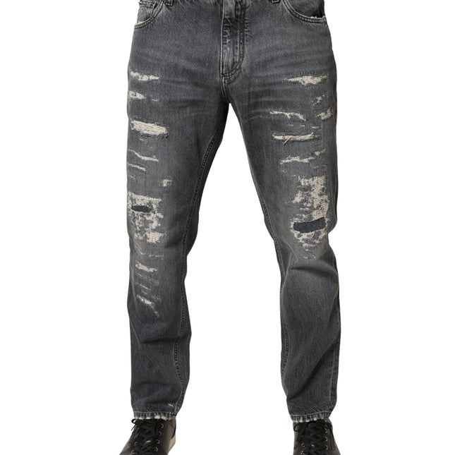 Dolce & Gabbana Dark Gray Tattered Cotton Loose Denim Jeans