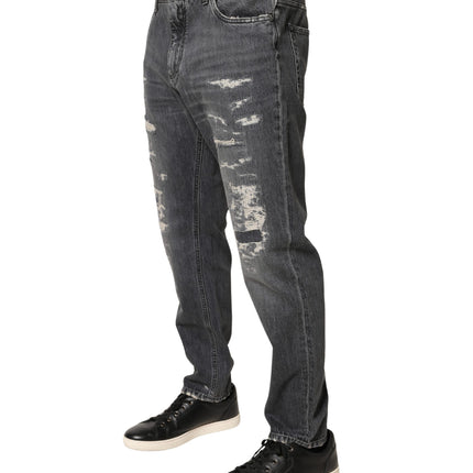 Dolce & Gabbana Dark Gray Tattered Cotton Loose Denim Jeans