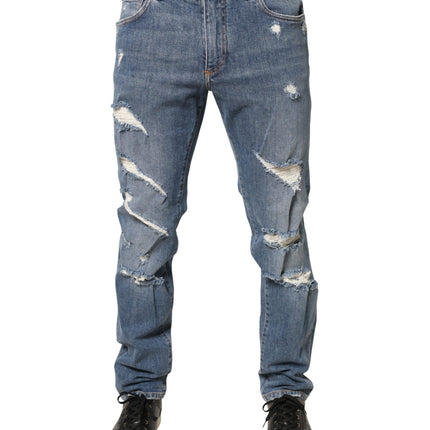 Dolce & Gabbana Blue Tattered Slim Fit Cotton Denim Jeans