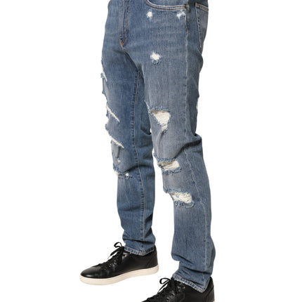 Dolce & Gabbana Blue Tattered Slim Fit Cotton Denim Jeans
