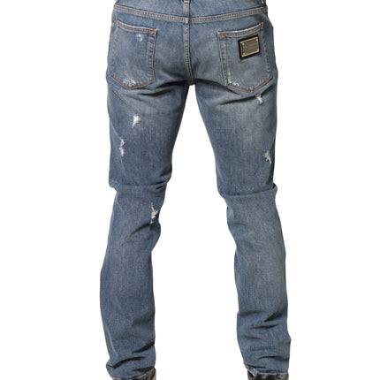 Dolce & Gabbana Blue Tattered Slim Fit Cotton Denim Jeans