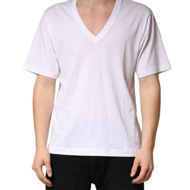 Dolce & Gabbana White Cotton Plain V-Neck Men Shirt T-shirt