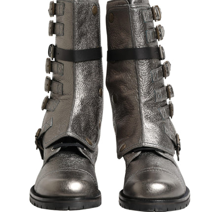 Dolce & Gabbana Metallic Silver Combat Biker Mid Calf Boots Shoes