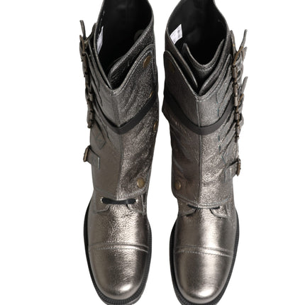 Dolce & Gabbana Metallic Silver Combat Biker Mid Calf Boots Shoes