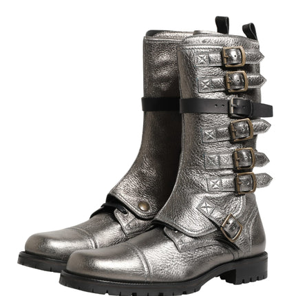Dolce & Gabbana Metallic Silver Combat Biker Mid Calf Boots Shoes