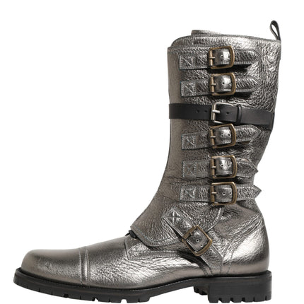 Dolce & Gabbana Metallic Silver Combat Biker Mid Calf Boots Shoes